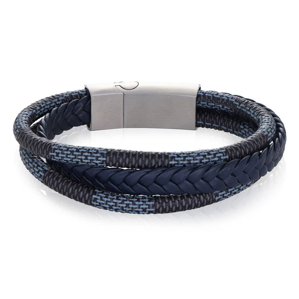 Men's 3-Layer Blue & Grey Braided Leather Bracelet with Stainless Steel-3 product photo