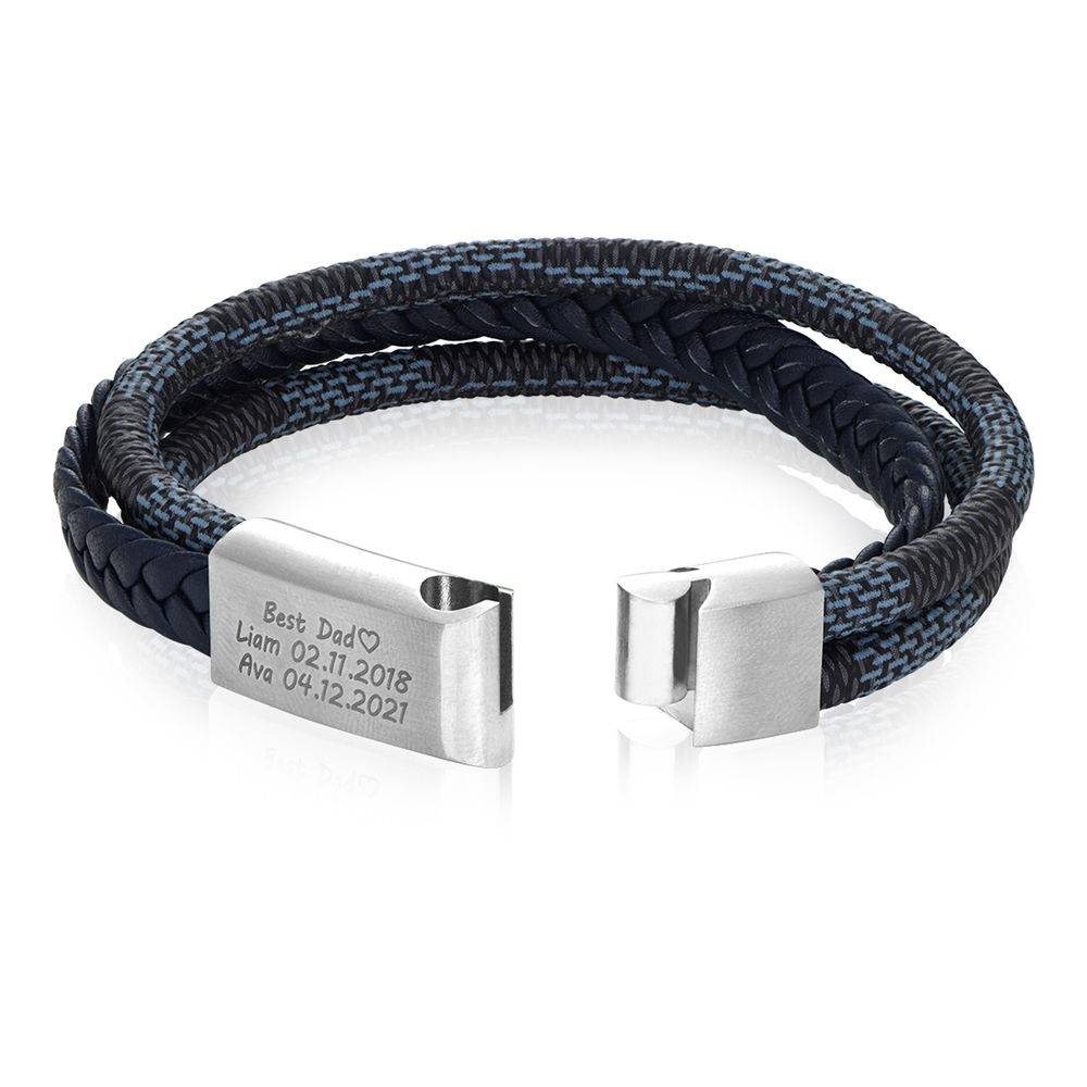 Men's 3-Layer Blue & Grey Braided Leather Bracelet with Stainless Steel-5 product photo