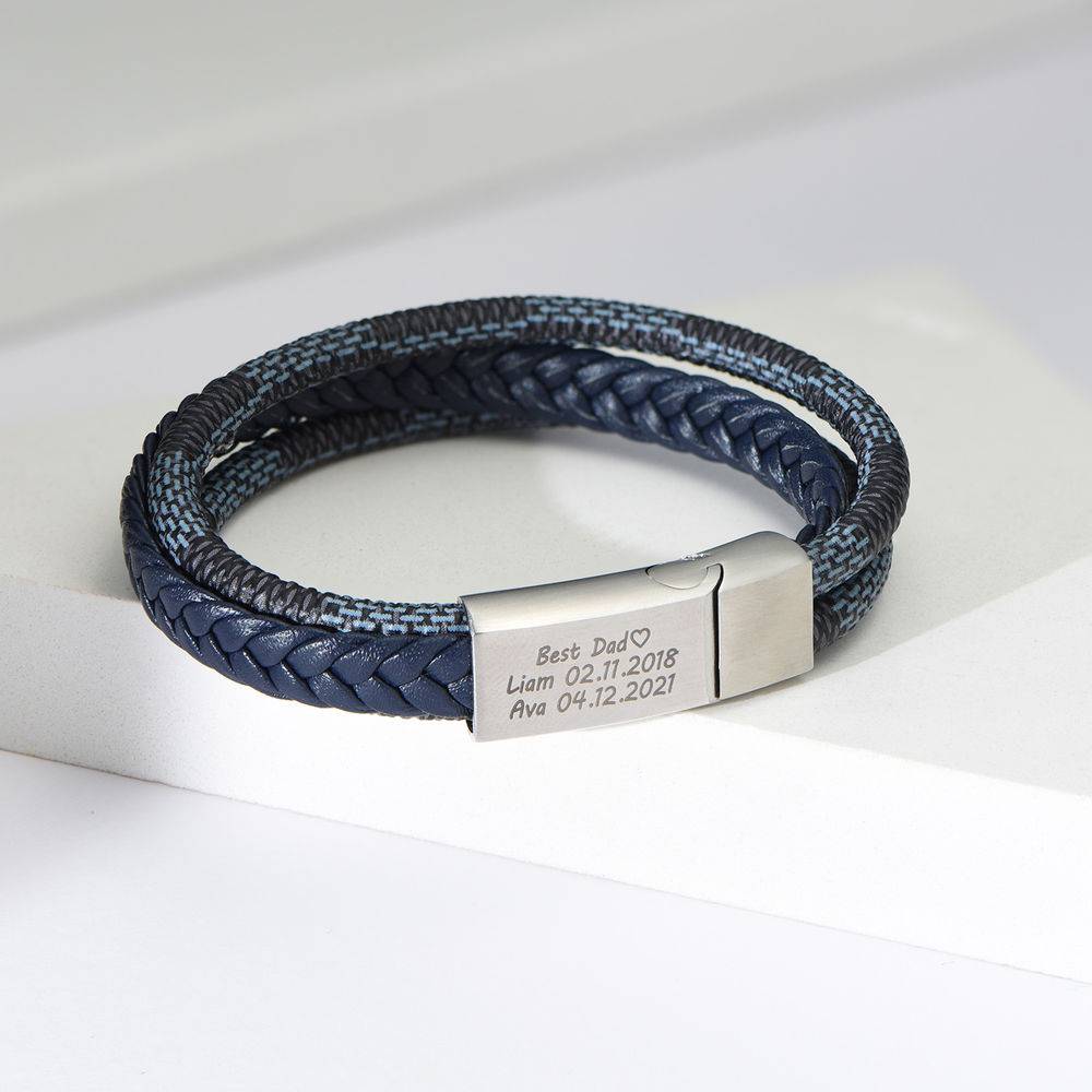 Men's 3-Layer Blue & Grey Braided Leather Bracelet with Stainless Steel-4 product photo