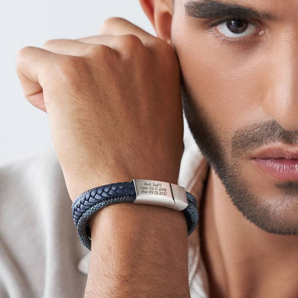 Men's 3-Layer Blue & Grey Braided Leather Bracelet with Stainless Steel-1 product photo