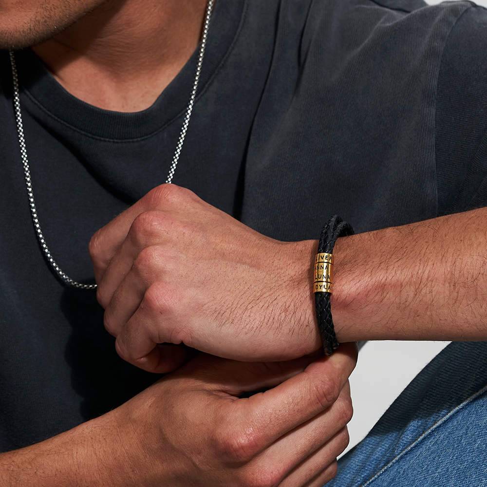 Navigator Braided Leather Bracelet for Men with Custom Beads in 18K Gold Plating - Version-6 product photo