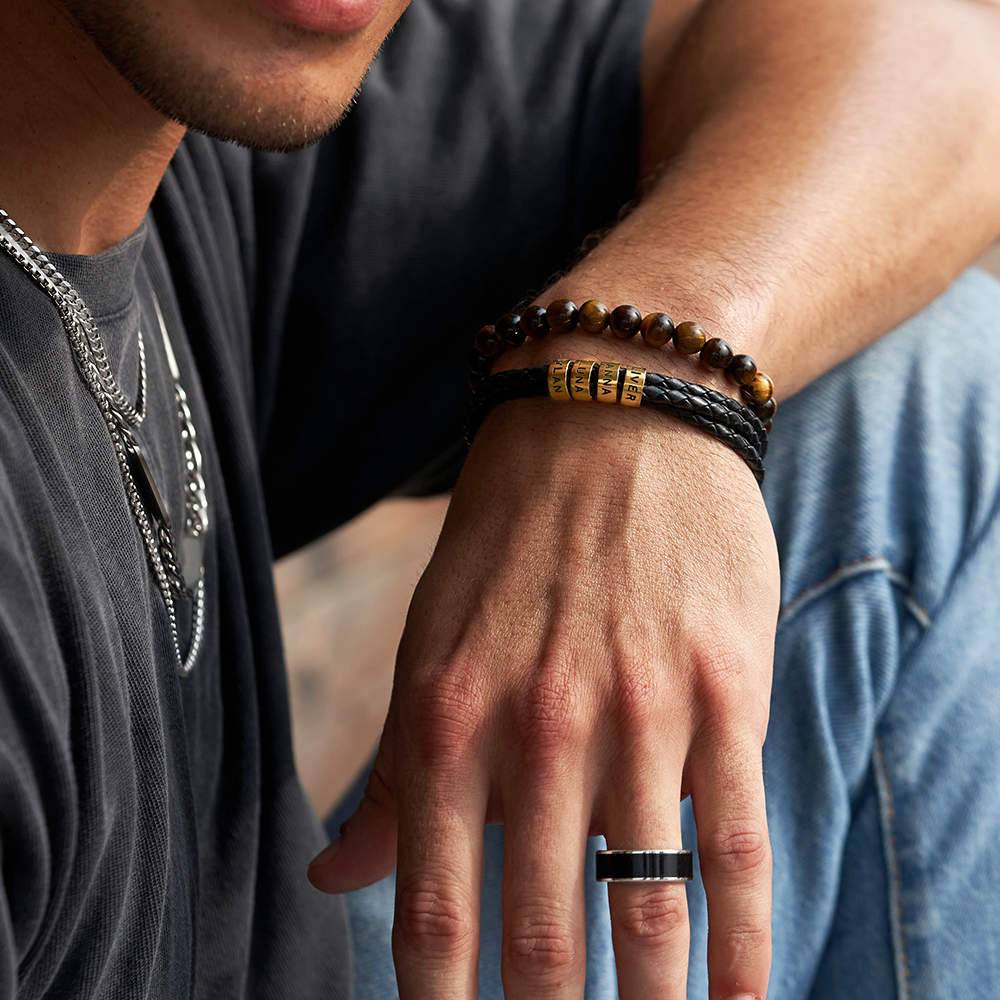 Navigator Braided Leather Bracelet for Men with Custom Beads in 18K Gold Plating - Version-3 product photo