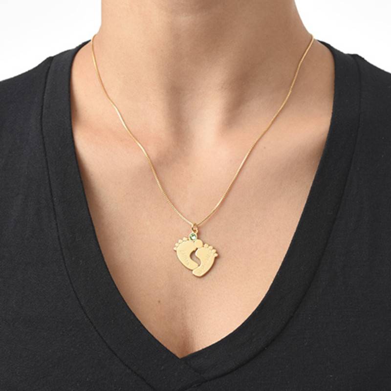Engraved Baby Feet Necklace with Birthstone in Gold Plating-2 product photo