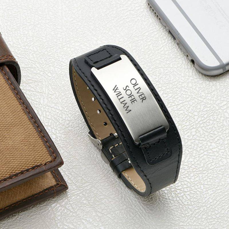 Personalized Black Leather Cuff Bracelet for Men-4 product photo