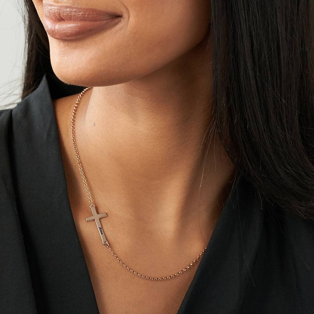 Side Cross Necklace in 18K Rose Gold Plating-1 product photo