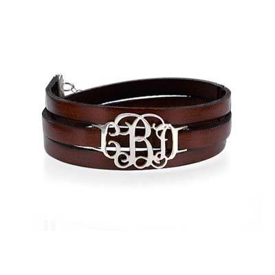 Wrap Around Monogram Leather Bracelet in Sterling Silver-2 product photo