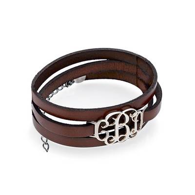 Wrap Around Monogram Leather Bracelet in Sterling Silver-3 product photo
