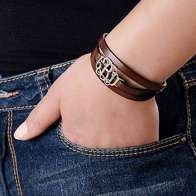 Wrap Around Monogram Leather Bracelet in Sterling Silver-1 product photo